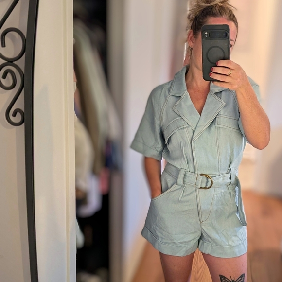 97.Nwt Choosy Chic Light Blue Denim Romper with Belt - Picture 1 of 7